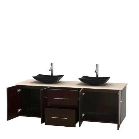 Open Vanity View with Ivory Marble Top and Vessel Sinks