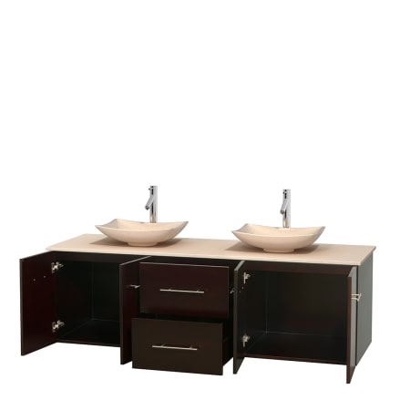 Open Vanity View with Ivory Marble Top and Vessel Sinks