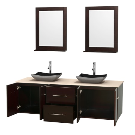 Open Vanity View with Ivory Marble Top, Vessel Sinks, and 24" Mirrors