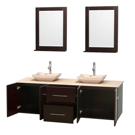 Open Vanity View with Ivory Marble Top, Vessel Sinks, and 24" Mirrors