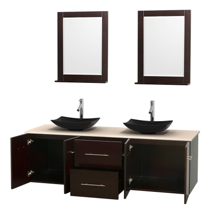 Open Vanity View with Ivory Marble Top, Vessel Sinks, and 24" Mirrors