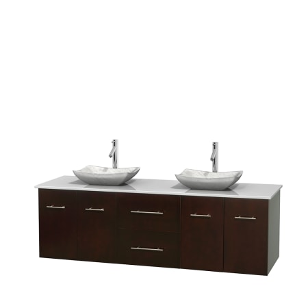 Full Vanity View with White Stone Top and Vessel Sinks