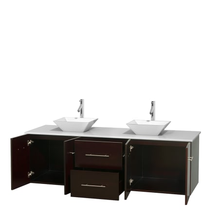 Open Vanity View with White Stone Top and Vessel Sinks