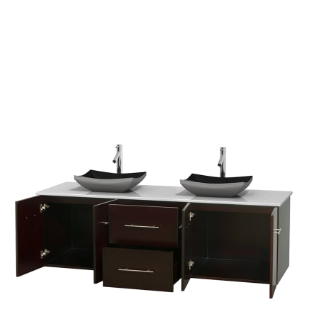 Open Vanity View with White Stone Top and Vessel Sinks