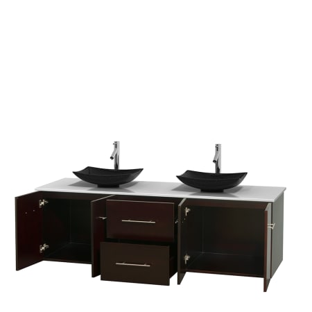 Open Vanity View with White Stone Top and Vessel Sinks