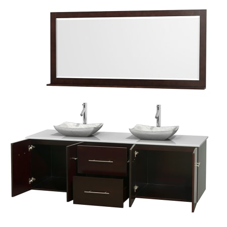 Open Vanity View with White Stone Top, Vessel Sinks, and 70" Mirror