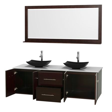 Open Vanity View with White Stone Top, Vessel Sinks, and 70" Mirror