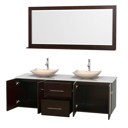 Open Vanity View with White Stone Top, Vessel Sinks, and 70" Mirror