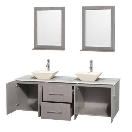 Open Vanity View with White Carrera Marble Top, Vessel Sinks, and 24" Mirrors