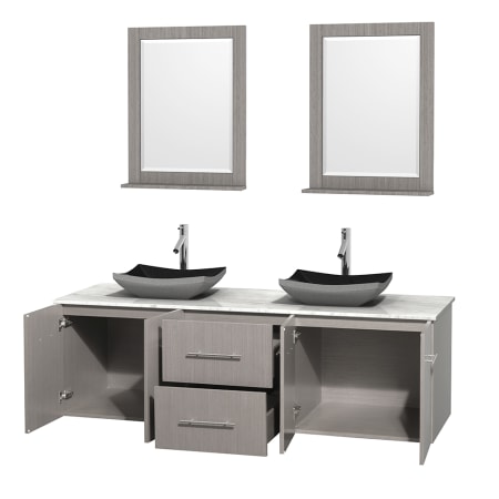 Open Vanity View with White Carrera Marble Top, Vessel Sinks, and 24" Mirrors