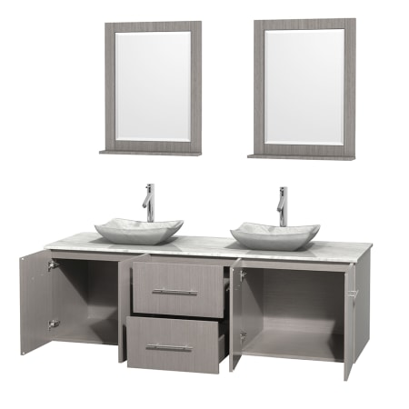 Open Vanity View with White Carrera Marble Top, Vessel Sinks, and 24" Mirrors