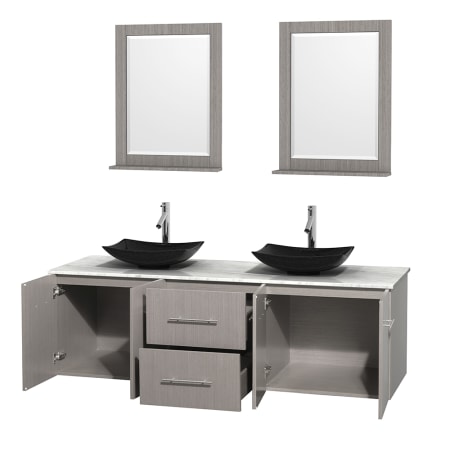 Open Vanity View with White Carrera Marble Top, Vessel Sinks, and 24" Mirrors