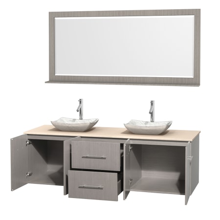 Open Vanity View with Ivory Marble Top, Vessel Sinks, and 70" Mirror