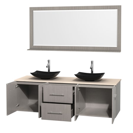 Open Vanity View with Ivory Marble Top, Vessel Sinks, and 70" Mirror