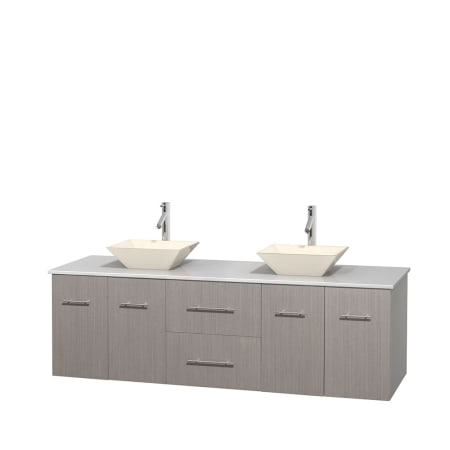 Full Vanity View with White Stone Top and Vessel Sinks