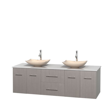 Full Vanity View with White Stone Top and Vessel Sinks