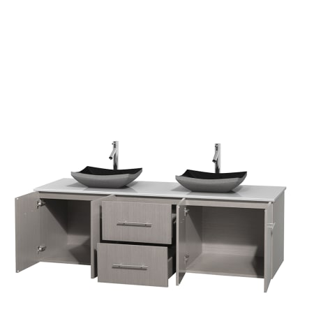 Open Vanity View with White Stone Top and Vessel Sinks