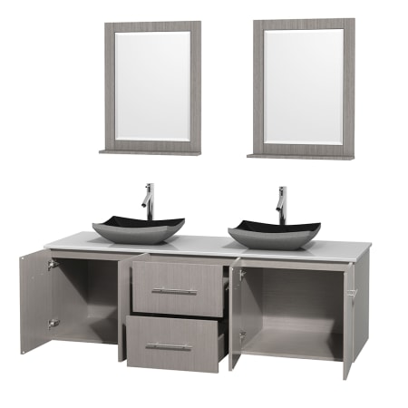 Open Vanity View with White Stone Top, Vessel Sinks, and 24" Mirrors