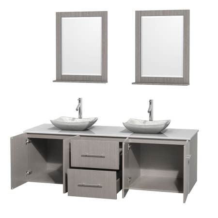 Open Vanity View with White Stone Top, Vessel Sinks, and 24" Mirrors