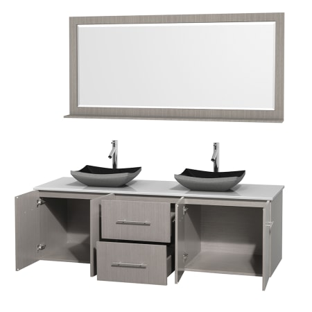 Open Vanity View with White Stone Top, Vessel Sinks, and 70" Mirror