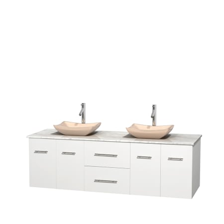 Full Vanity View with White Carrera Marble Top and Vessel Sinks