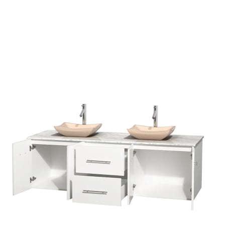 Open Vanity View with White Carrera Marble Top and Vessel Sinks