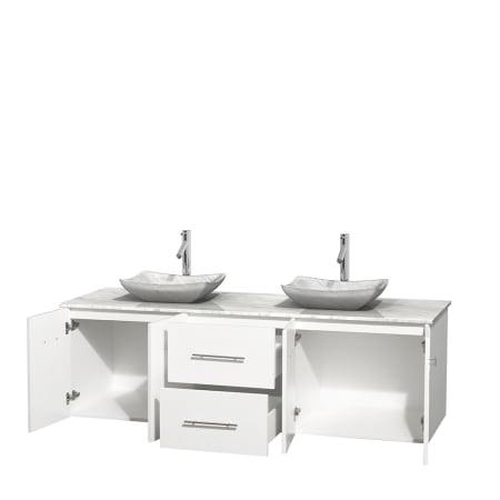 Open Vanity View with White Carrera Marble Top and Vessel Sinks