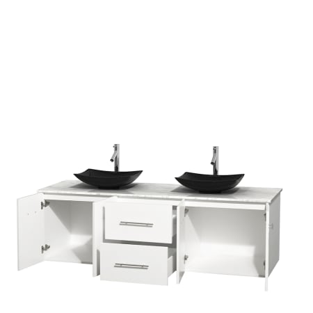 Open Vanity View with White Carrera Marble Top and Vessel Sinks