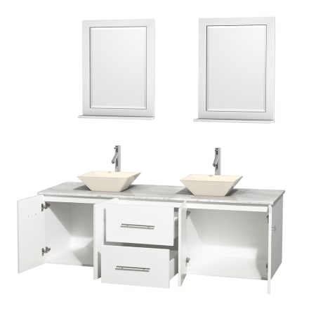 Open Vanity View with White Carrera Marble Top, Vessel Sinks, and 24" Mirrors