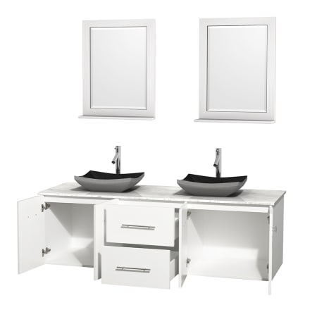 Open Vanity View with White Carrera Marble Top, Vessel Sinks, and 24" Mirrors