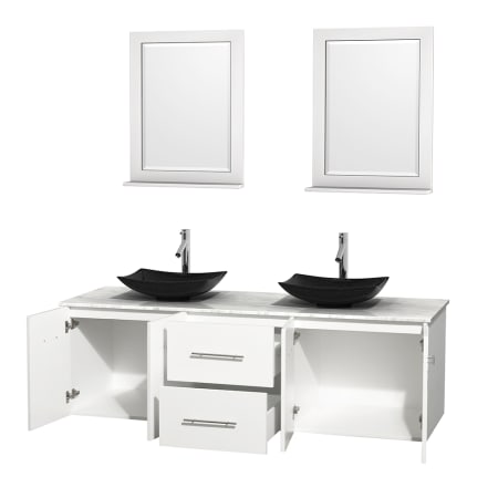 Open Vanity View with White Carrera Marble Top, Vessel Sinks, and 24" Mirrors