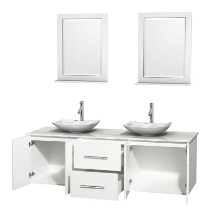 Open Vanity View with White Carrera Marble Top, Vessel Sinks, and 24" Mirrors