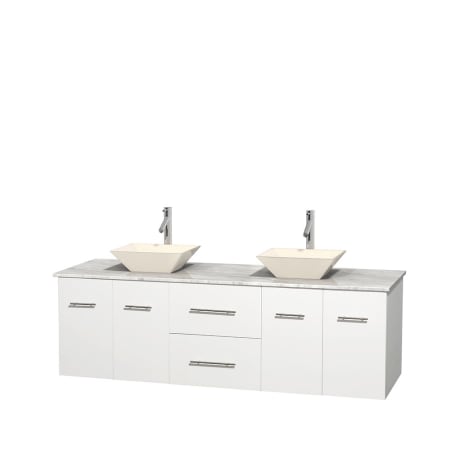 Full Vanity View with White Carrera Marble Top and Vessel Sinks