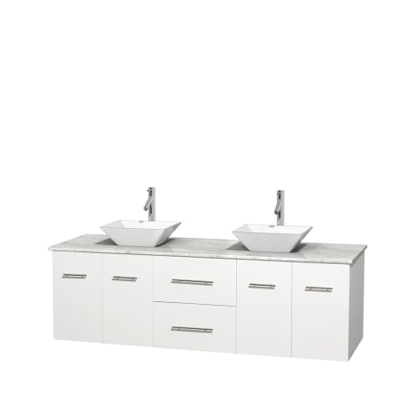 Full Vanity View with White Carrera Marble Top and Vessel Sinks