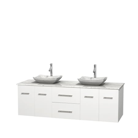 Full Vanity View with White Carrera Marble Top and Vessel Sinks