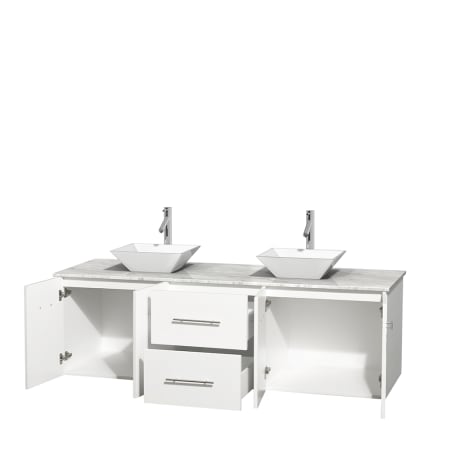 Open Vanity View with White Carrera Marble Top and Vessel Sinks