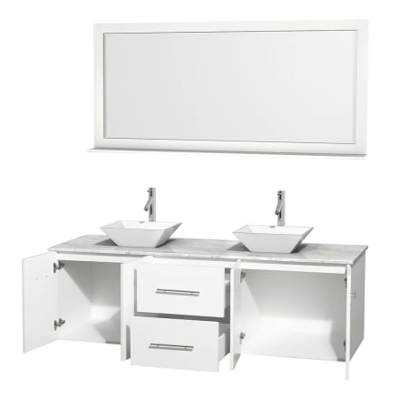 Open Vanity View with White Carrera Marble Top, Vessel Sinks, and 70" Mirror