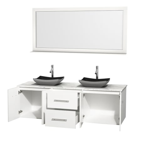 Open Vanity View with White Carrera Marble Top, Vessel Sinks, and 70" Mirror