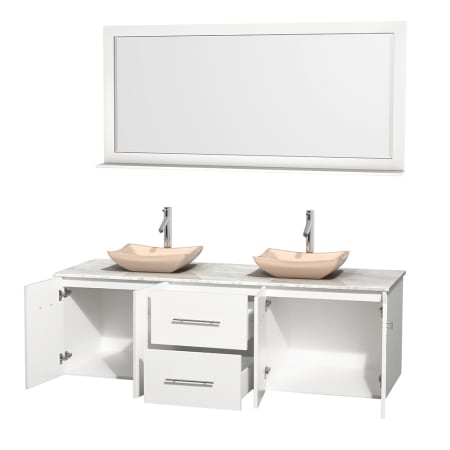 Open Vanity View with White Carrera Marble Top, Vessel Sinks, and 70" Mirror