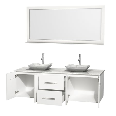 Open Vanity View with White Carrera Marble Top, Vessel Sinks, and 70" Mirror