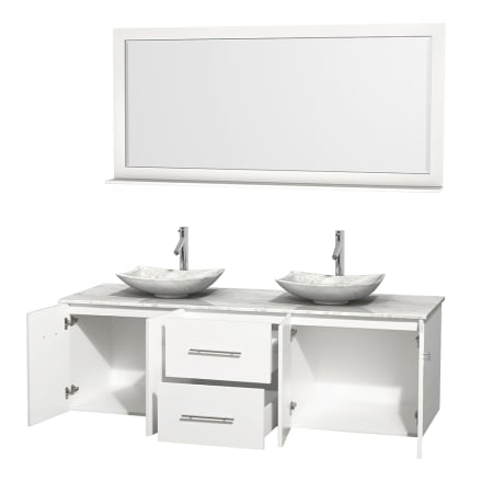 Open Vanity View with White Carrera Marble Top, Vessel Sinks, and 70" Mirror