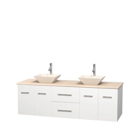 Full Vanity View with Ivory Marble Top and Vessel Sinks