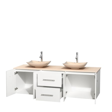 Open Vanity View with Ivory Marble Top and Vessel Sinks