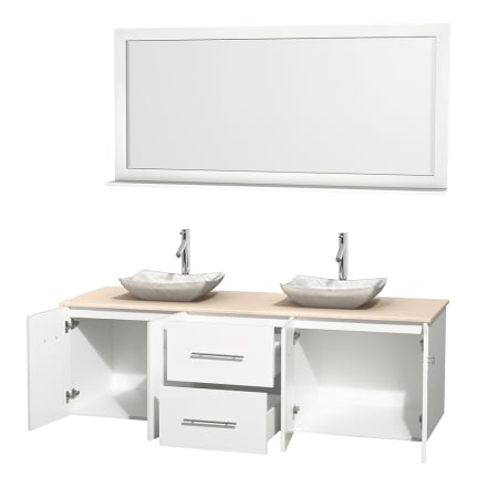 Open Vanity View with Ivory Marble Top, Vessel Sinks, and 70" Mirror