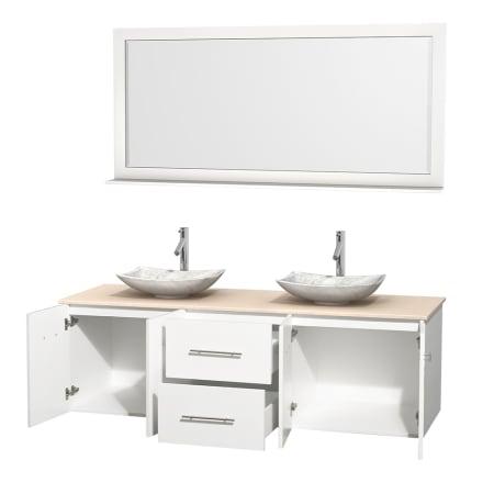 Open Vanity View with Ivory Marble Top, Vessel Sinks, and 70" Mirror