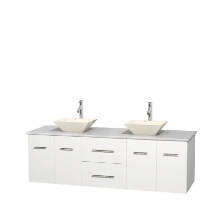 Full Vanity View with White Stone Top and Vessel Sinks