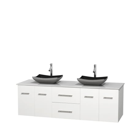 Full Vanity View with White Stone Top and Vessel Sinks