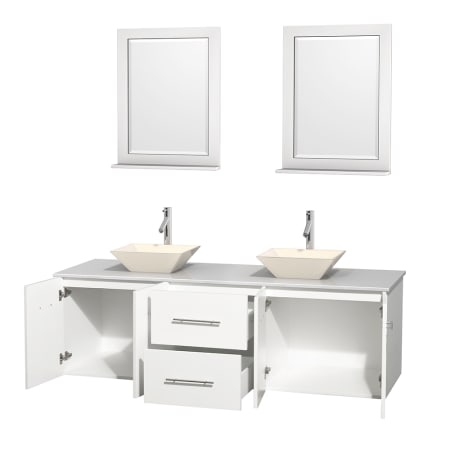 Open Vanity View with White Stone Top, Vessel Sinks, and 24" Mirrors