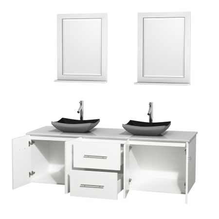 Open Vanity View with White Stone Top, Vessel Sinks, and 24" Mirrors