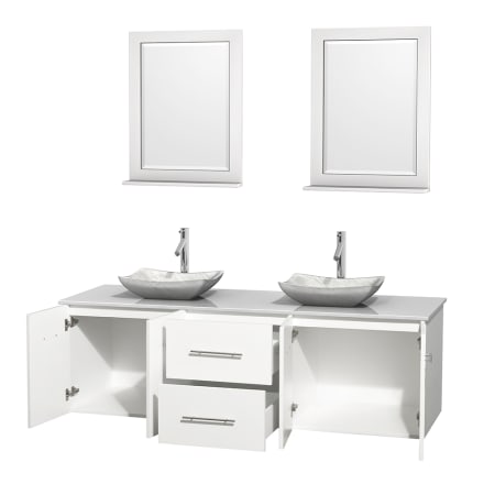 Open Vanity View with White Stone Top, Vessel Sinks, and 24" Mirrors